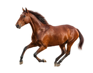 Naklejka premium A beautiful brown horse galloping, its full body isolated against a white background, png, transparent