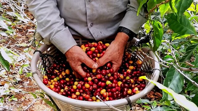 Close-up of a man showing the coffee beans he has collected.