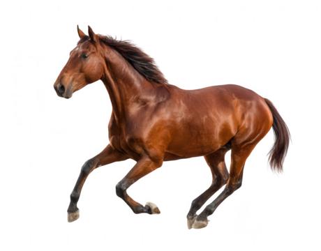 A beautiful brown horse galloping, its full body isolated against a white background, png, transparent