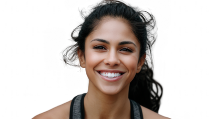 a beautiful, smiling Hispanic woman with white teeth, looking at the camera, png, transparent