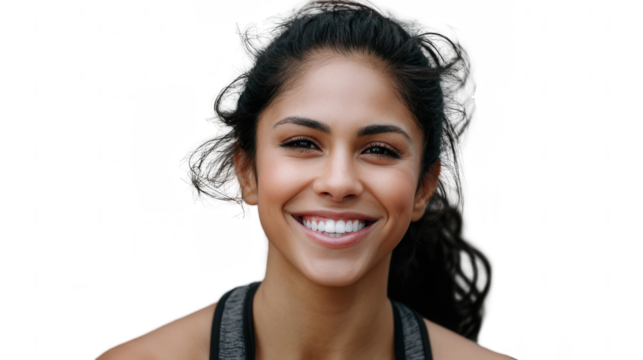 a beautiful, smiling Hispanic woman with white teeth, looking at the camera, png, transparent