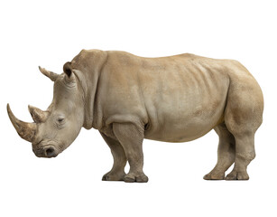 Fototapeta premium Side view of a white rhinoceros standing, looking at the camera, isolated on a clear background, png, transparent
