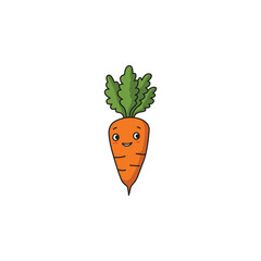 An icon of a cute cartoon carrot with a smiling face and green leafy top, symbolizing freshness and health.