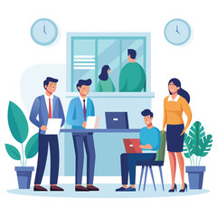 Illustrative office scene with team members working on a white background