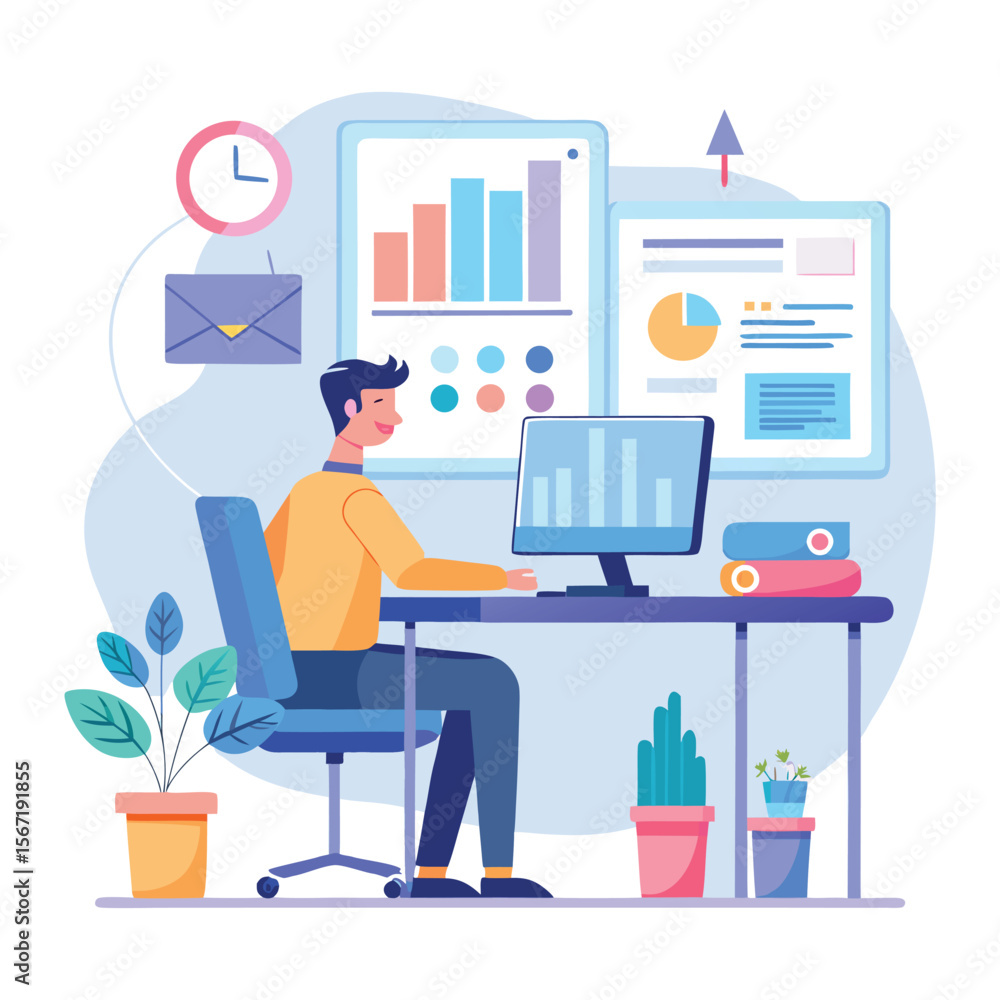 Poster smiling man working at desk with data charts and office elements illustration