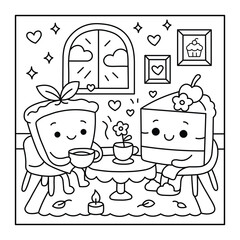 Adorable Cake and Pie Characters in a Cozy Room – Kawaii Coloring Page