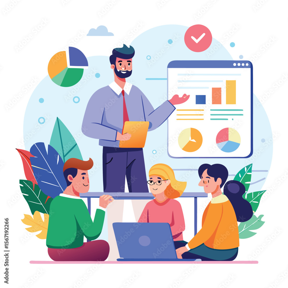 Poster team presentation and data analysis with laptop and pie charts in flat vector illustration
