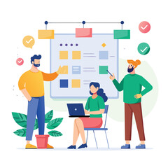 Team members collaborating on a project plan with a digital workflow illustration