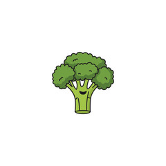 An icon of a cute cartoon broccoli floret with a happy smile, representing health, freshness, and vibrant green.