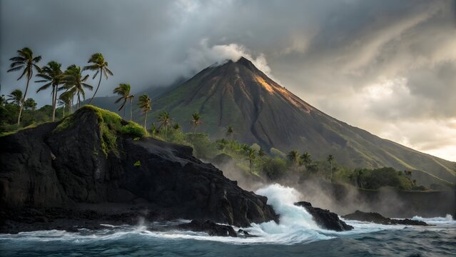 Dramatic Volcanic Island with Palm Trees and Crashing Waves Under Stormy Sky - Powered by Adobe