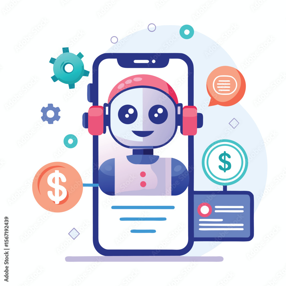 Poster artificial intelligence chatbot on smartphone providing financial support and digital automation