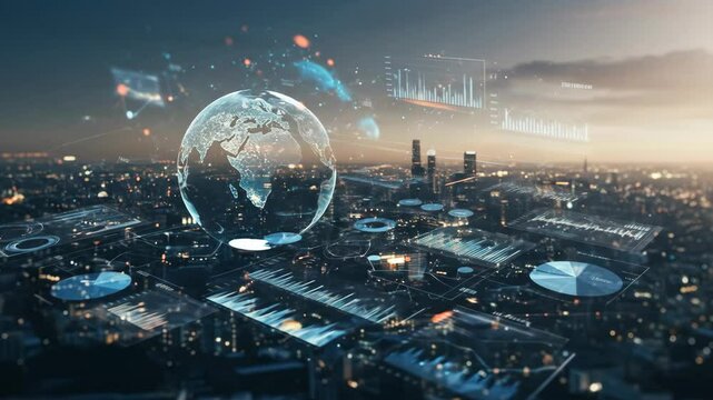 Futuristic Cityscape with Data Visualization and Global Connectivity - Powered by Adobe