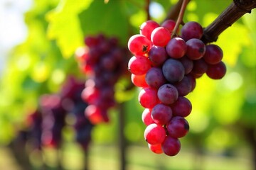 Sunlit Ripe Red Grapes Hanging Heavy on Vine, Ready for Harvest. Lush green foliage contrasts beautifully with the vibrant fruit, creating a picturesque autumn harvest scene.