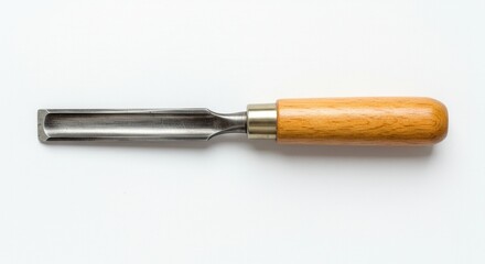 A wood chisel with a wooden handle is isolated on white background