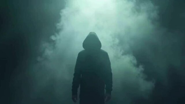 Enigmatic hooded figure emerges from swirling smoke, evoking mystery, suspense and anonymity in a dramatic scene shrouded in darkness.