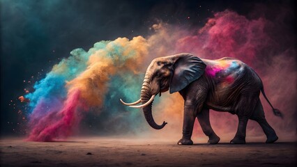 Majestic Elephant Walking Through Colorful Powder Explosion