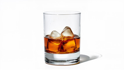 Glass filled with whiskey with ice cubes isolated on a white background. Suitable for illustrating beverage concepts, bar menus, or drink advertisements.