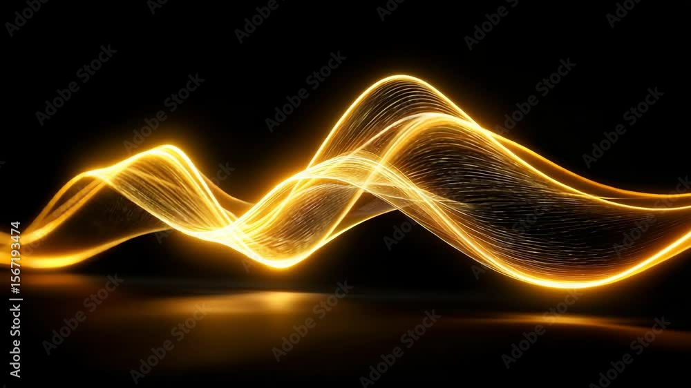 Poster dynamic golden light waves moving seamlessly across a dark background