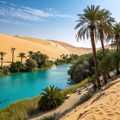 A hidden desert oasis with crystal-clear blue water, surrounded by palm trees and lush greenery, golden sand dunes surrounding the oasis, and a bright blue sky overhead.