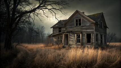 Fototapeta premium Old Abandoned Wooden House in Spooky Field at Dusk