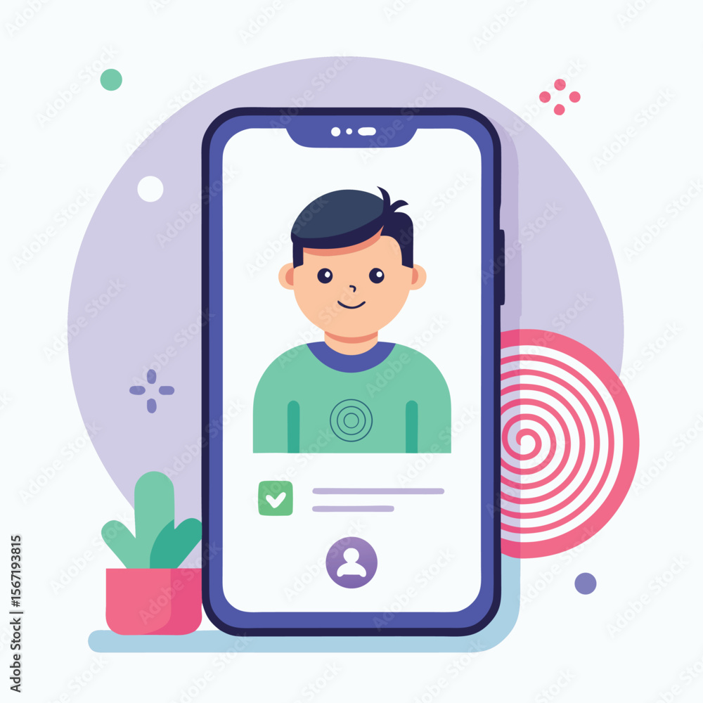 Poster user profile illustration on a smartphone display with abstract geometric elements