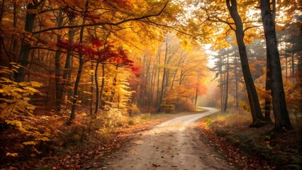 Fototapeta premium Scenic Autumn Forest Path with Golden Leaves and Morning Sunlight