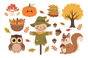 Cute hand drawn autumn set. Suitable for flat design graphic for autumn party, farmers market, harvest festival, thanksgiving day