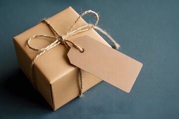 Brown gift box tied with twine and blank tag on teal background