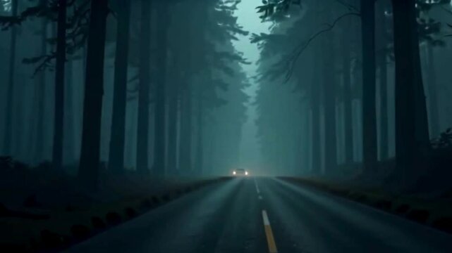 Driving through a dark foggy forest road with tall trees and car headlights illuminating the path offers a spooky atmosphere and cinematic feel.