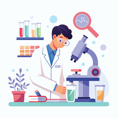 Scientist working with microscope analyzing samples in laboratory flat illustration