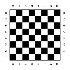 Chess board set up for a game with coordinates marked along edges and alternating colors