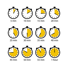 Counting down with various timer designs showing time increments in minutes and an hour