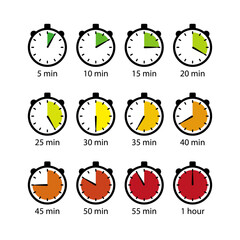 Different time intervals represented using timers showcasing durations from five minutes to one hour