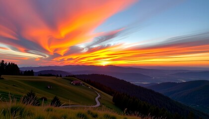 Spectacular sunset over mountain range, showcasing a breathtaking display of colors in the sky