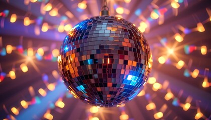 Fototapeta premium a sparkling disco ball reflecting colorful lights, creating a vibrant atmosphere. The image captures the essence of fun and excitement, perfect for nightlife themes