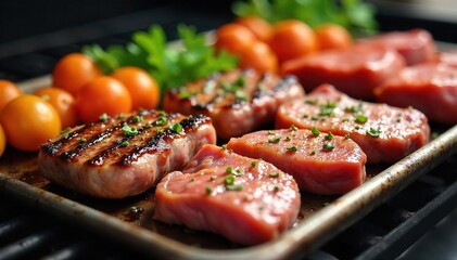Juicy Marinated Meats and Vegetables Ready for Grilling on a Metal Tray - Perfect for Summer BBQs and Outdoor Cooking