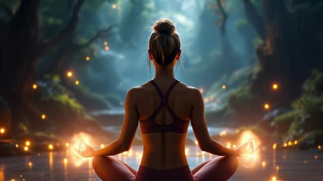 Woman Meditating in Enchanted Forest with Glowing Orbs, Serene Yoga Practice in a Magical Woodland Setting, Peaceful Mindfulness: Female Figure in Lotus Pose, Spiritual Journey: Yoga and Meditation 