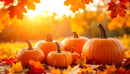 Autumn harvest of pumpkins with vibrant fall foliage and warm sunlight backdrop