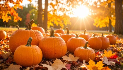 Autumnal abundance vibrant pumpkins amidst colorful leaves in golden sunlight display