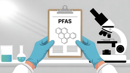 gloved hands holding a clipboard with PFAS title and molecular structure, in a laboratory setting with microscope in background, concept of chemical research, created with generative ai