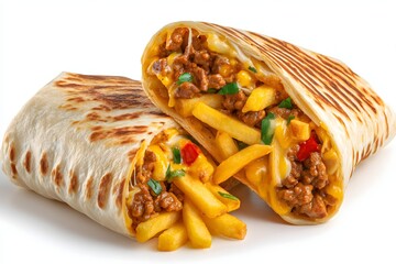 Cross section view of two French tacos isolated on a white background