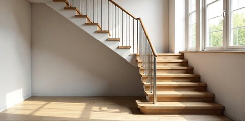 Modern Minimalist Staircase Oak Treads, Sleek Metal Railing, Bathed in Natural Light. Ideal for Interior Design & Home Decor Projects.