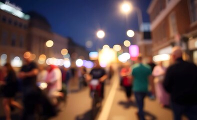 Blurred Night City Street View with People