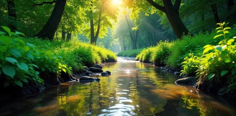 Serene Creek Sunlight Dapples Tranquil Stream Winding Through Lush Green Foliage, Idyllic Wilderness Scene Perfect for Nature, Travel, and Environmental Projects