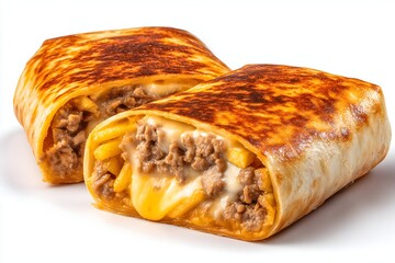 Two crispy and golden brown French tacos with minced beef isolated on a white background