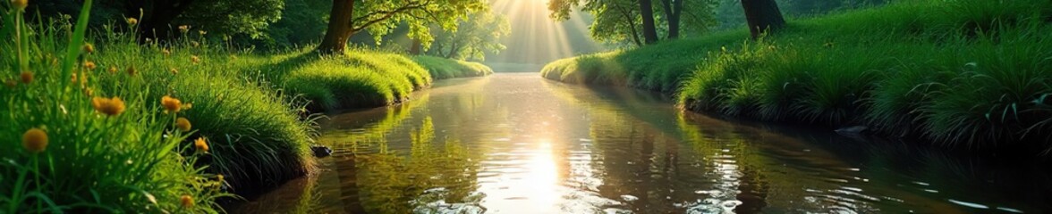Sun-Dappled Creek Serene Waters Reflecting Lush Green Banks, Peaceful Nature Scene