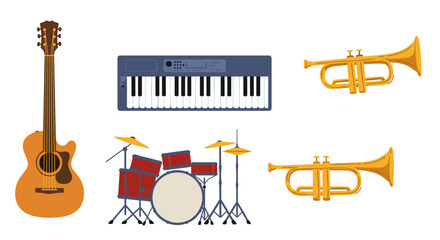 Illustration showcasing various musical instruments including guitar keyboard drums and trumpets set against white