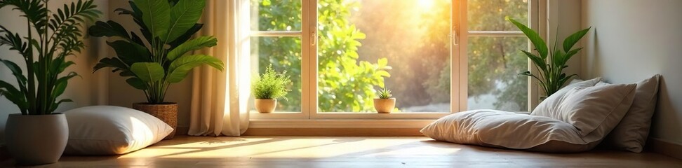 Sunlit Meditation Room Serene Interior with Cushions and Plants, Perfect for Relaxation and Mindfulness Practice