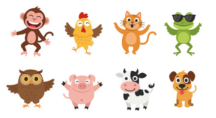 Illustration of eight cartoon animals including a monkey, chicken, cat, frog, owl, pig, cow, dog
