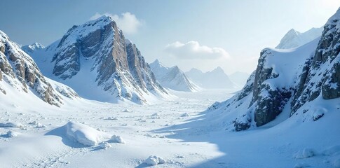 Dramatic Winter Landscape Jagged Snow-Covered Rocks Rise from Frozen Ground, Illustrating the Raw Beauty and Harshness of a Cold, Icy Environment.